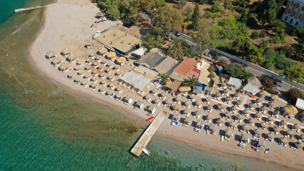Aerial drone photo of organised with sun beds emerald beach of Kaikia in Ligoneri area near old...