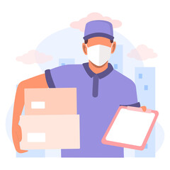 Online delivery service concept, online order tracking, delivery home and office. Man in respiratory mask. Courier in a protective medical face mask with a box in his hands. Vector flat illustration.