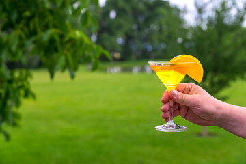 hand with a glass of aperetive at a garden party