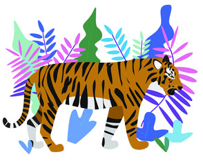 Vector illustration of a wild tiger on the tropical background