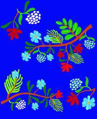 Fototapeta na wymiar Summer graphics with tropical leaves and colorful flowers. Spring summer collection. Flat graphic. Seamless pattern
