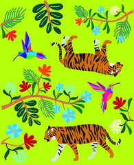 Summer graphics with tropical leaves, tiger, birds and colorful flowers. Spring summer collection. Flat graphic. Seamless pattern
