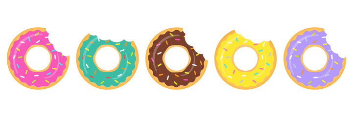 Donuts colorful vector set isolated on white background. Donuts with a mouth bite group. Sweet donuts collection. Cartoon dessert illustration.