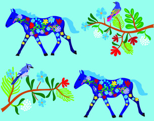 Summer graphics with tropical leaves, horse, bird and colorful flowers. Spring summer collection. Flat graphic. Seamless patter