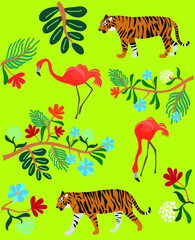 Summer graphics with tropical leaves, tiger, flamingo and colorful flowers. Spring summer collection. Flat graphic. Pattern