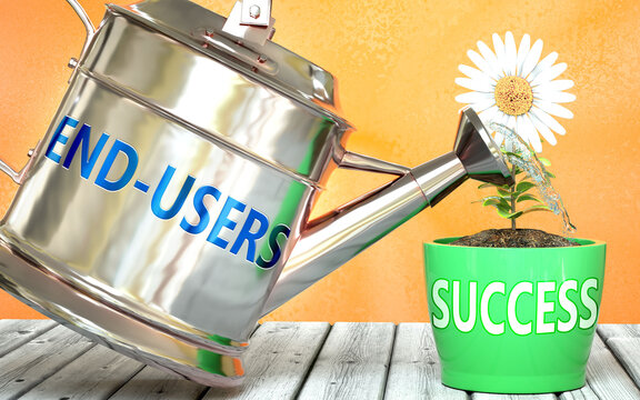 End users helps achieving success - pictured as word End users on a watering can to symbolize that End users makes success grow and it is essential for profit in life and business, 3d illustration