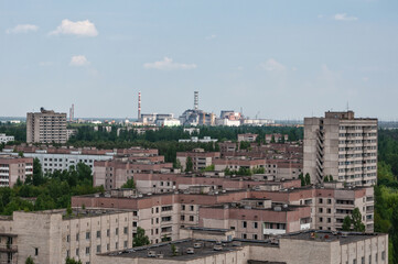 Fototapeta na wymiar Panorama of Prypiat city, Chernobyl exclusion Zone. Chernobyl Nuclear Power Plant Zone of Alienation in Ukraine
