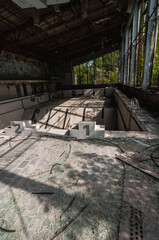 Azure Swimming Pool in Pripyat, Chernobyl exclusion Zone. Chernobyl Nuclear Power Plant Zone of Alienation in Ukraine