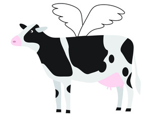 Vector illustration of funny cow with wings. Domestic animal illustration. Farm collection
