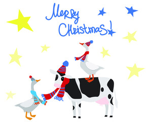 Vector illustration of cow and goose in hat and scarf. Domestic animals. Winter greeting card. Flat graphic