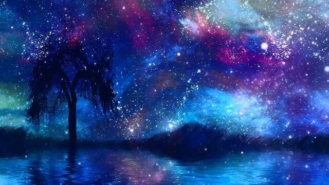 Silhouette of tree on a calm water. Moon in the starry sky