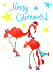 Vector illustration of funny pink flamingo in hat and scarf and skates. Cute friends on the ice rink. Winter christmas greeting card. Flat graphic