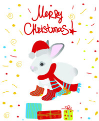 Vector illustration of funny cute bunny in hat and scarf with christmas presents. Winter christmas greeting card. Flat graphic
