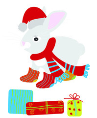 Vector illustration of funny cute bunny in hat and scarf with christmas presents. Winter christmas greeting card. Flat graphic
