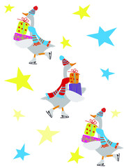 Fototapeta premium Vector illustration of a goose in hat and scarf and skates with christmas presents. Winter christmas greeting card. Flat graphic