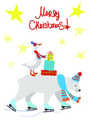 Vector illustration of a goose and polar bear in hat and scarf and skates with christmas presents. Winter christmas greeting card. Flat graphic