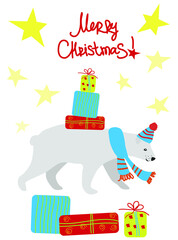 Vector illustration of a polar bear in hat and scarf and skates with christmas presents. Winter christmas greeting card. Flat graphic