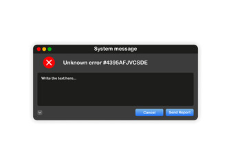 Window of user Interface. System message with report template unknown error on white background. Vector.