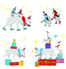 Vector illustration of a penguin and polar bear in hat and scarf and skates with christmas presents. Winter christmas greeting card. Flat graphic. Christmas set