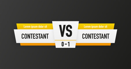VS Logo. Versus Board of rivals, with space for text. White and yellow banner. Football, basketball, volleyball and other. Gray gradient background. Vector.