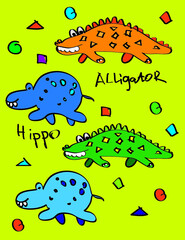 Vector illustration for kids. Funny cute wild animals  hippo and alligator. Children print. Summer collection
