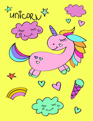 Vector illustration for kids. Funny cute animal unicorn, ice cream, clouds and hearts. Children print. Pastel Colors