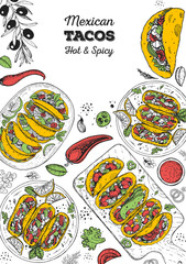 Tacos cooking and ingredients for tacos, sketch illustration. Mexican cuisine frame. Fast food menu design elements. Tacos hand drawn frame. Mexican food