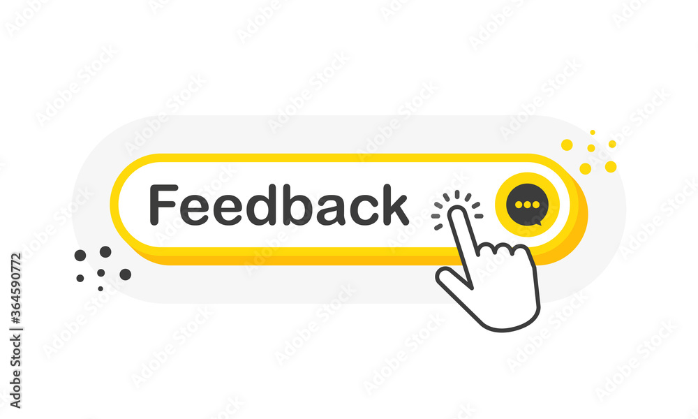 Poster feedback yellow 3d button with hand pointer clicking. white background. vector