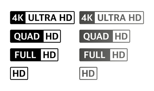 4K UHD, Quad HD, Full HD and HD resolution presentation nameplates on white background. TV symbols and icons of black colors. Vector.