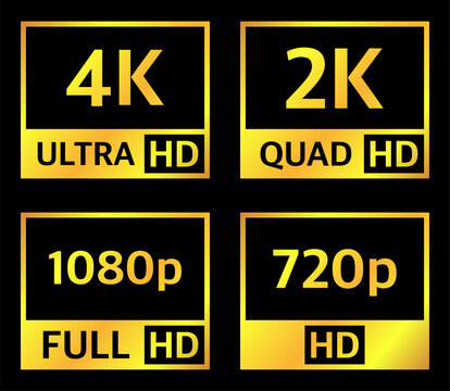 4K UHD, Quad HD, Full HD and HD resolution presentation nameplates of gold gradient color on black background. TV symbols and icons. Vector.