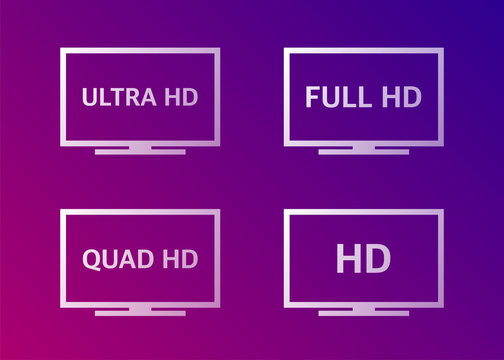4K UHD, Quad HD, Full HD and HD resolution presentation TV nameplates of white gradient color on gradient background. TV symbols and icons. Vector.