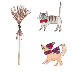 Watercolor Christmas illustration of cat, dog, broom and gingerbread cookie.