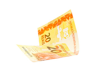 twenty reais bill from brazil, brazilian money on isolated white background, spot focus