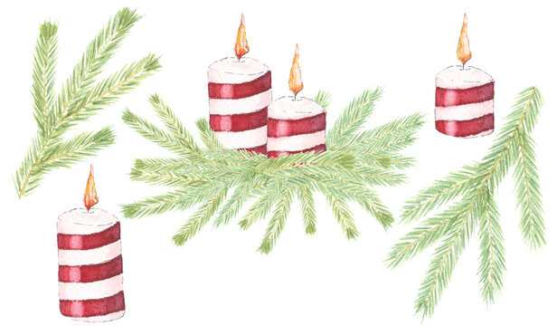 Watercolor Christmas illustration. Christmas red and white candles and  green pine branches image