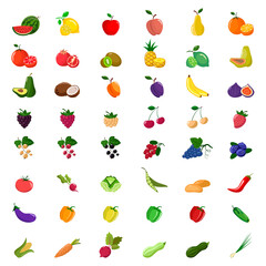 Big set of fruits, berries and vegetables. Vector illustration isolated on white background 