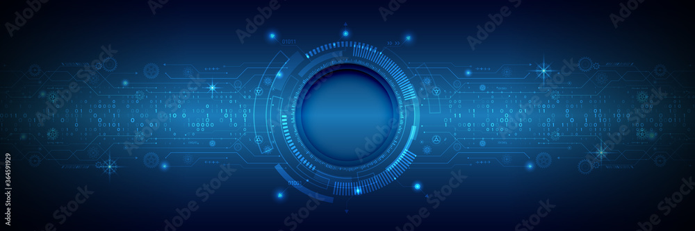 Poster Abstract blue background with various technology elements. Wide Hi-tech communication concept. Connection structure vector illustration.