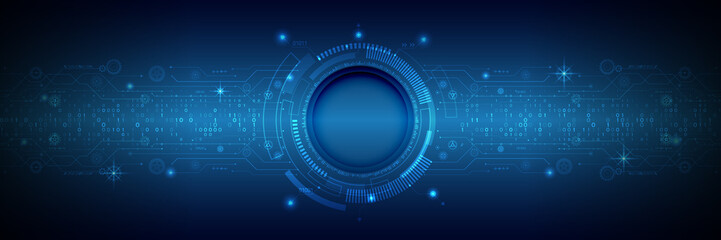 Abstract blue background with various technology elements. Wide Hi-tech communication concept. Connection structure vector illustration.