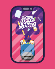 back to school poster with schoolbag and supplies in smartphone