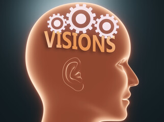 Visions inside human mind - pictured as word Visions inside a head with cogwheels to symbolize that Visions is what people may think about and that it affects their behavior, 3d illustration