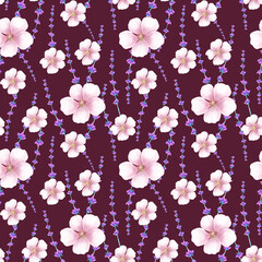 seamless pattern with pink and violet flowers on burgundy background