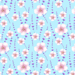 seamless pattern with pink and violet flowers on light blue background