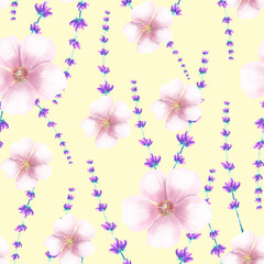 seamless pattern with pink and violet flowers on yellow background