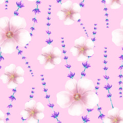 seamless pattern with pink and violet flowers on pink background
