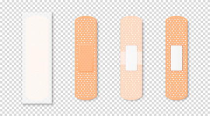Vector 3d Realistic Medical Patch Icon Set Closeup Isolated on Transparent Background. Design Template Adhesive Bandage Elastic Medical Plasters. Front and Back Side View