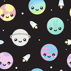 Cute space seamless pattern with rockets kawaii style