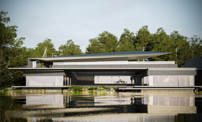 pavilion on the river 3d render illustration
