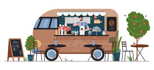 Street coffee food truck shop vector illustration. Cartoon flat fastfood cafe delivery car van machine with man hipster seller character, coffee service in summer city street market isolated on white © Flash Vector