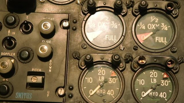 Gauges inside the Cockpit of an Old Fighter Jet. Close-Up. 