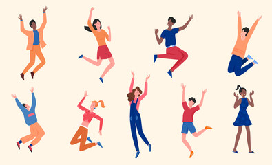 Happy people vector illustration set. Cartoon flat man woman young characters in casual clothes have fun and jump, boy girl dancer teenagers dance with joy, friends happiness smile isolated on white