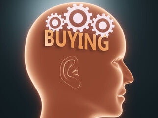 Buying inside human mind - pictured as word Buying inside a head with cogwheels to symbolize that Buying is what people may think about and that it affects their behavior, 3d illustration